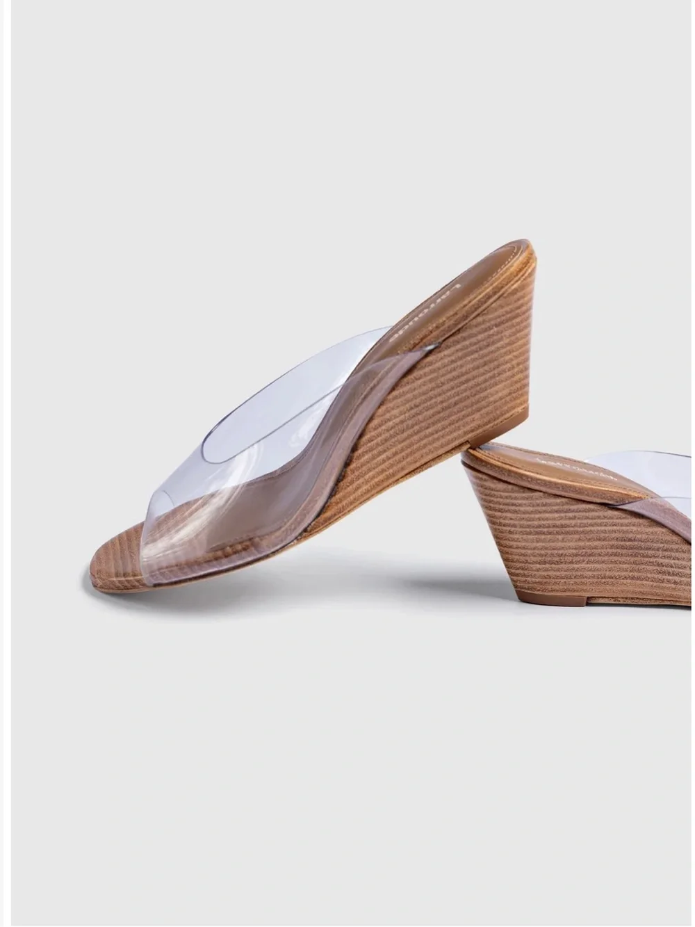 Larroude Clear Vinyl Wedge Mule with Tan Wood-Effect Heel